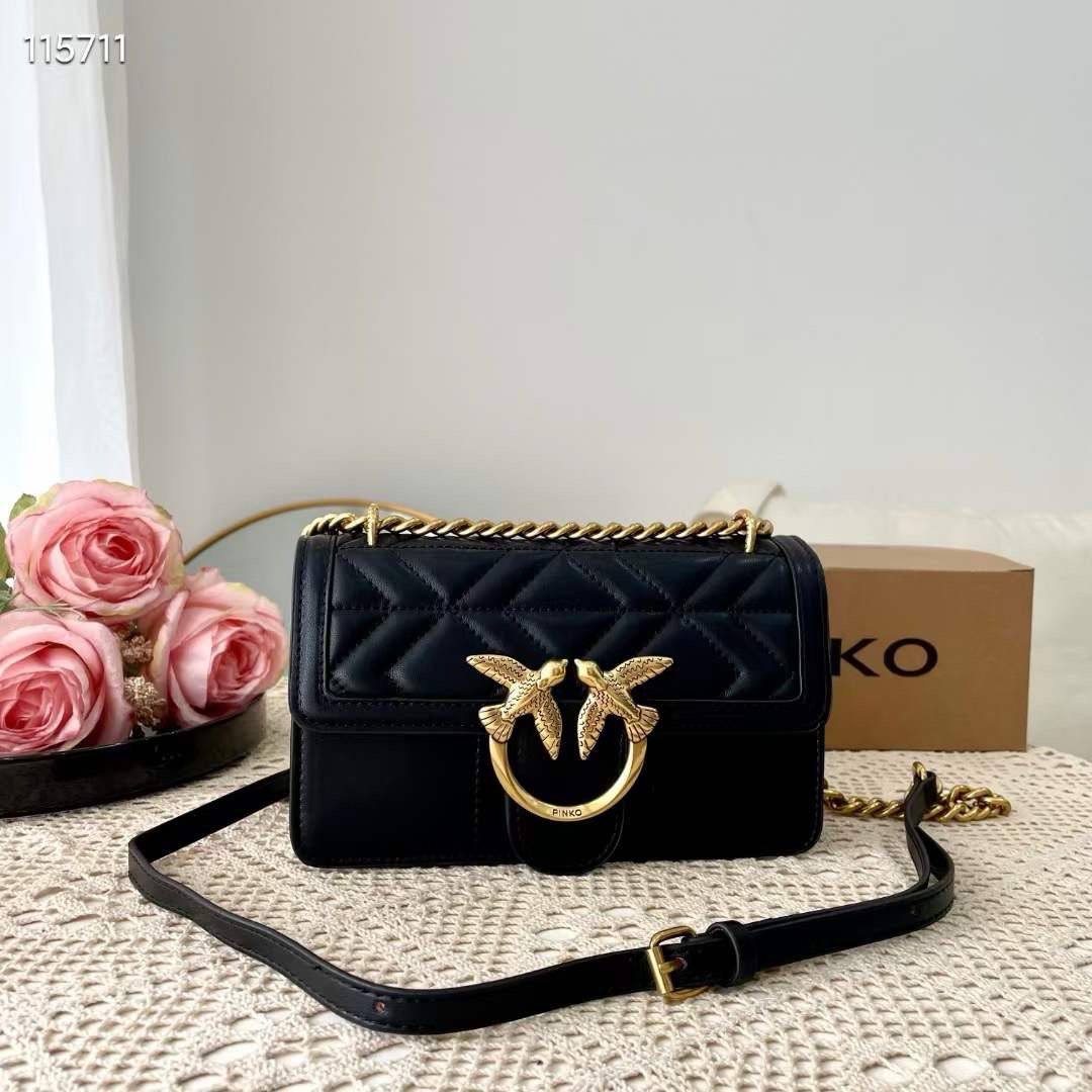 PINKO Large Quilted Shoulder Bag with Gold Tone Bird Hardware