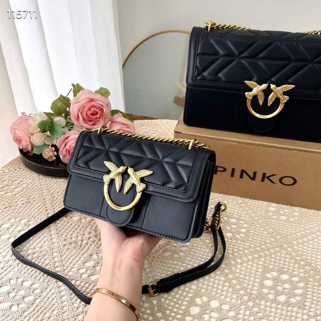 PINKO Large Quilted Shoulder Bag with Gold Tone Bird Hardware