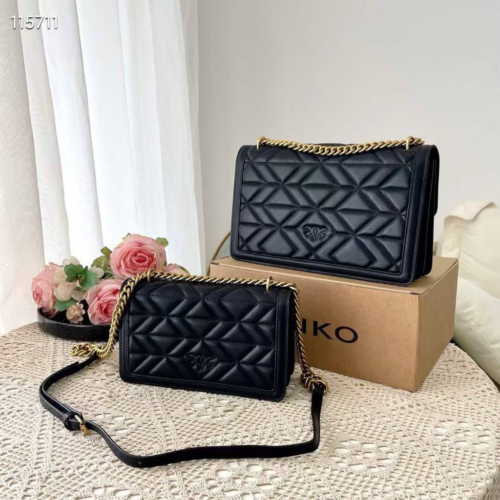 PINKO Large Quilted Shoulder Bag with Gold Tone Bird Hardware
