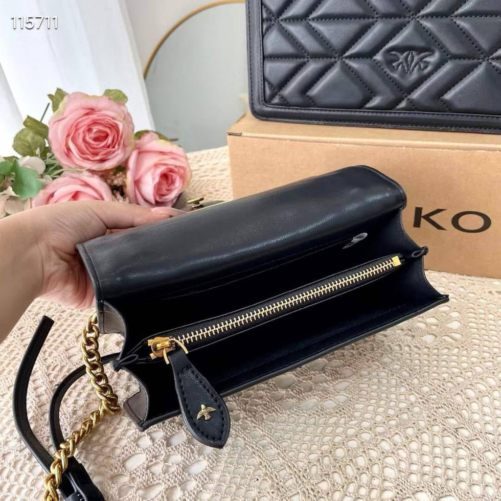 PINKO Large Quilted Shoulder Bag with Gold Tone Bird Hardware