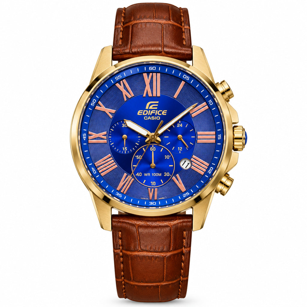Casio Edifice Gold Tone Watch with Blue Dial and Leather Strap