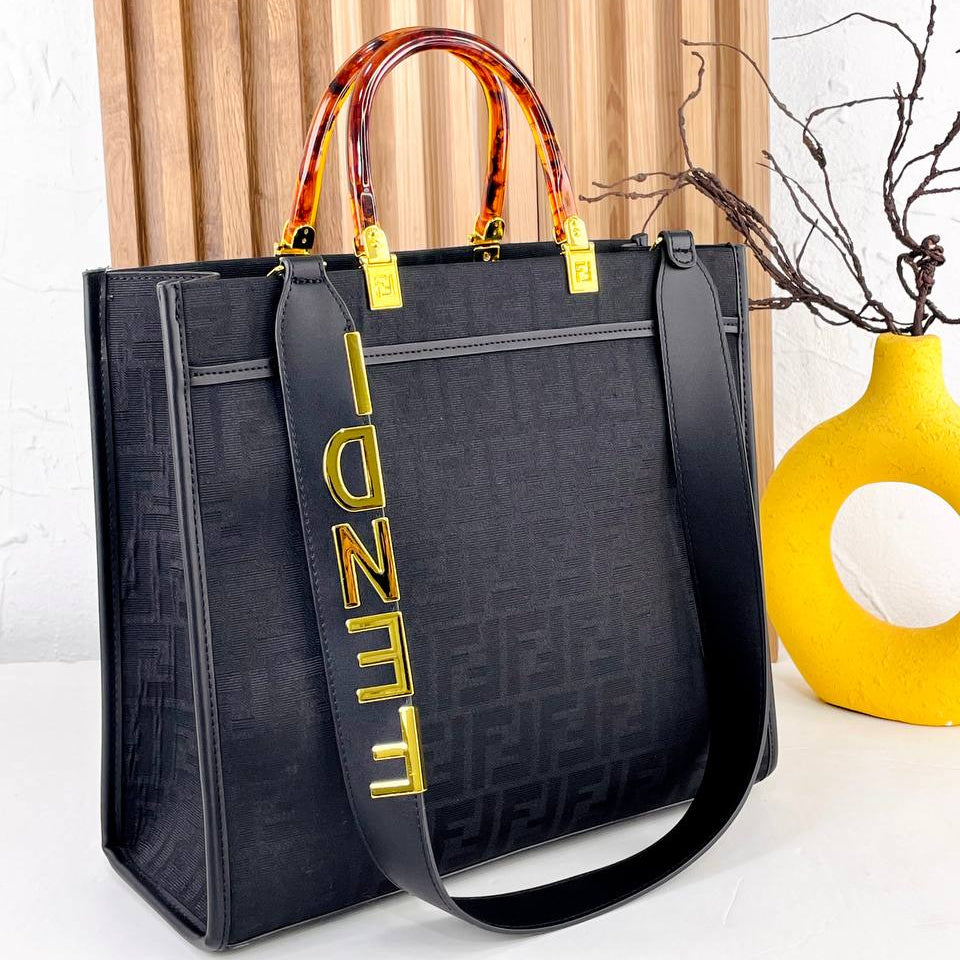 Fendi Monogram Tote with Tortoiseshell Handles and Logo Strap