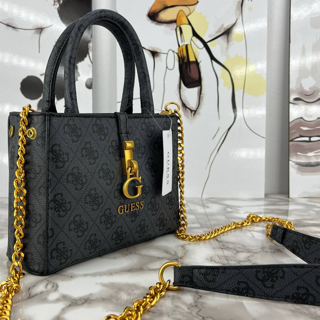 Guess Monogram Print Mini Satchel with Gold Chain Strap 👜✨🖤
