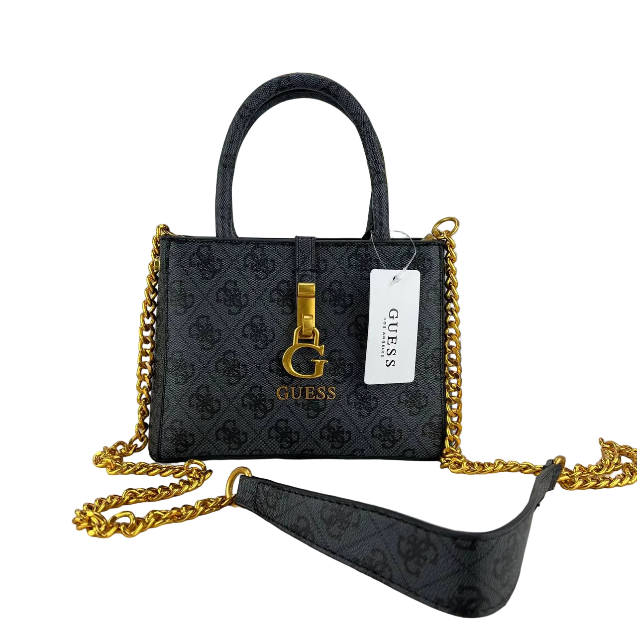 Guess Monogram Print Mini Satchel with Gold Chain Strap 👜✨🖤