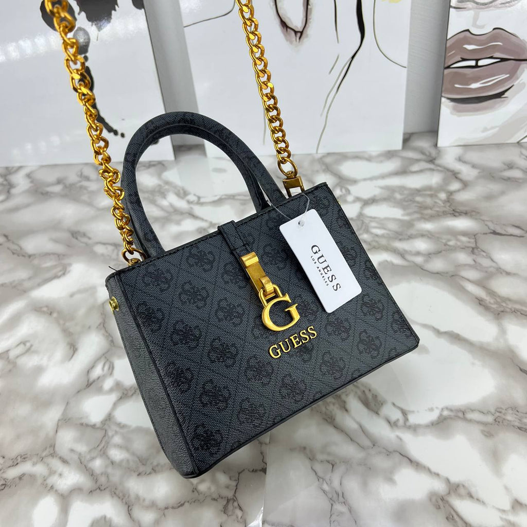Guess Monogram Print Mini Satchel with Gold Chain Strap 👜✨🖤
