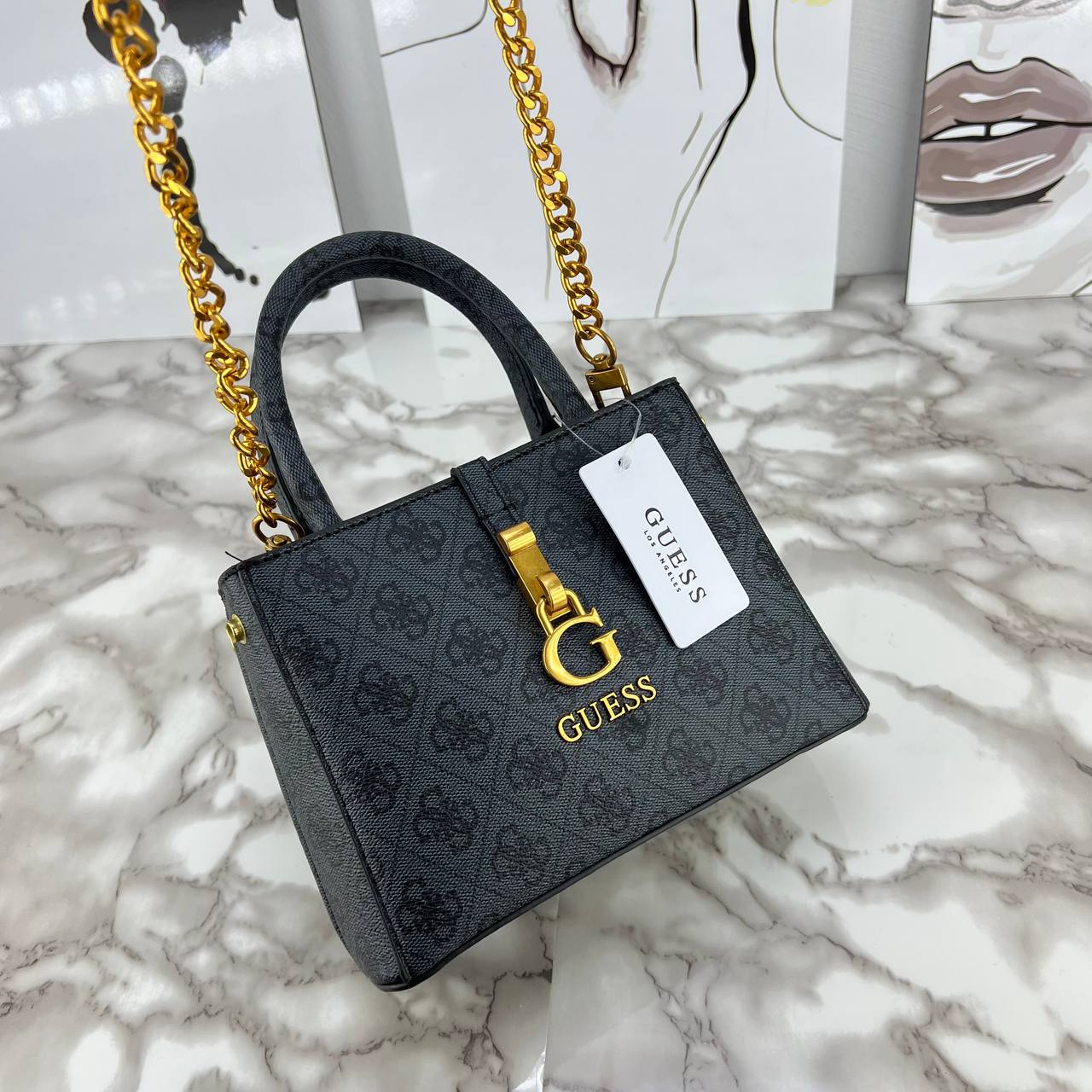 Guess Monogram Print Mini Satchel with Gold Chain Strap 👜✨🖤