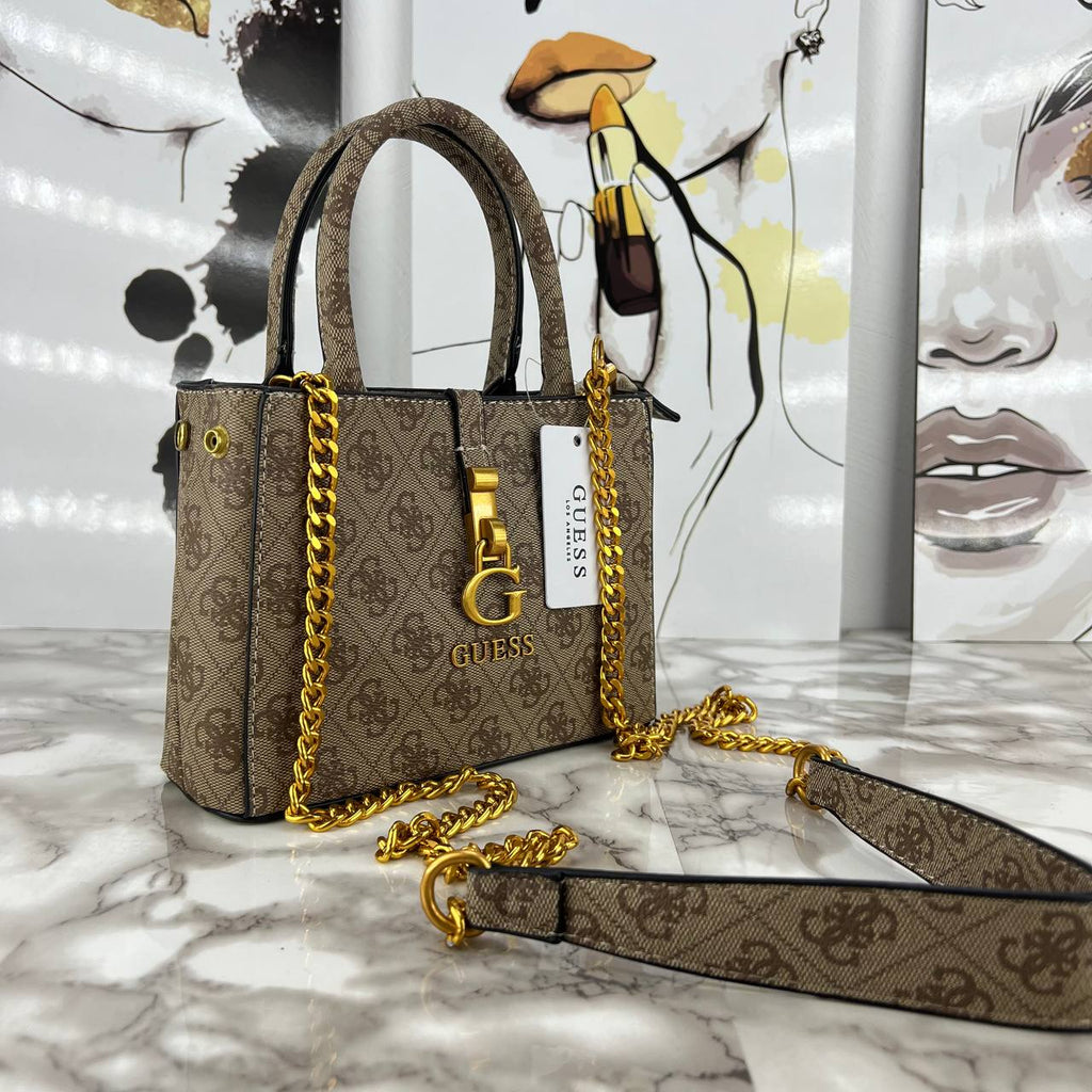 Guess Monogram Print Mini Satchel with Gold Chain Strap 👜✨🖤