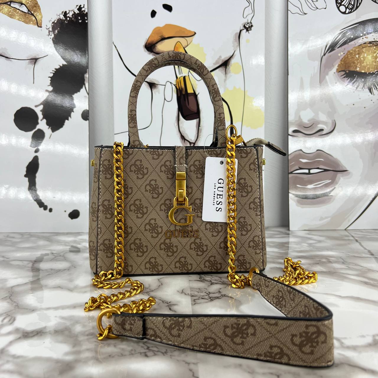 Guess Monogram Print Mini Satchel with Gold Chain Strap 👜✨🖤