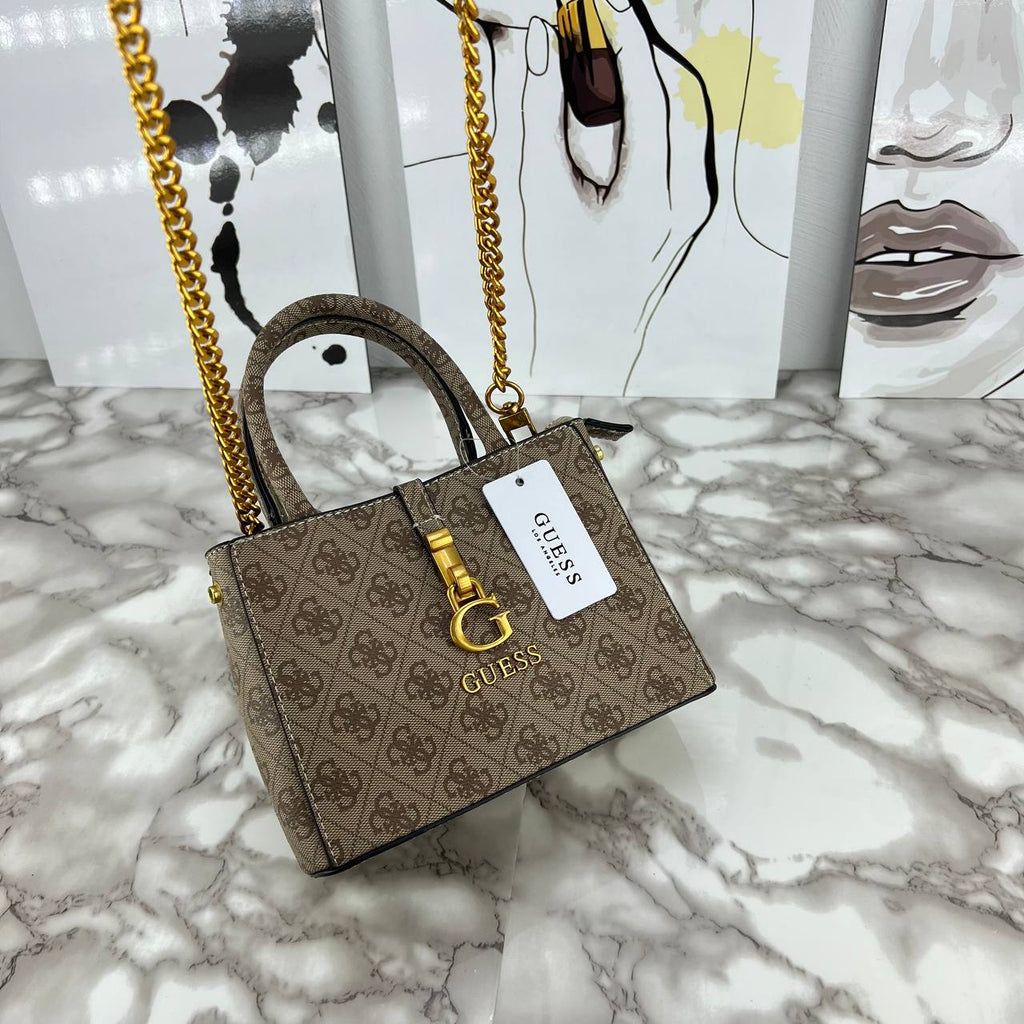 Guess Monogram Print Mini Satchel with Gold Chain Strap 👜✨🖤