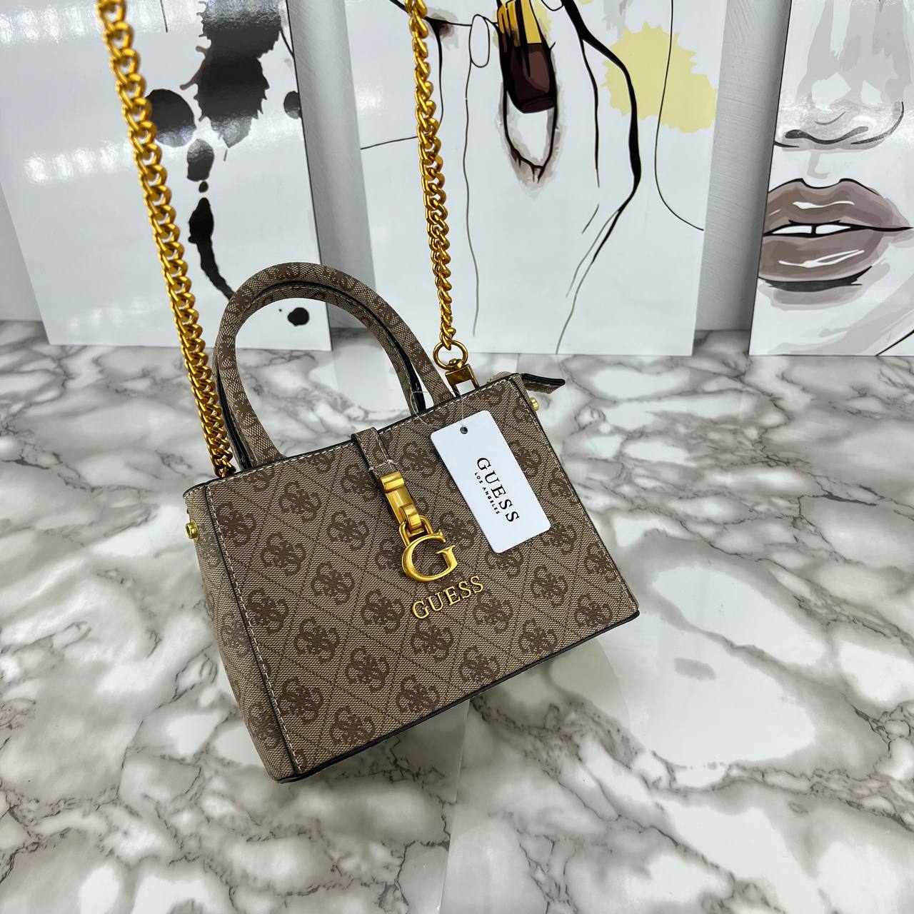 Guess Monogram Print Mini Satchel with Gold Chain Strap 👜✨🖤