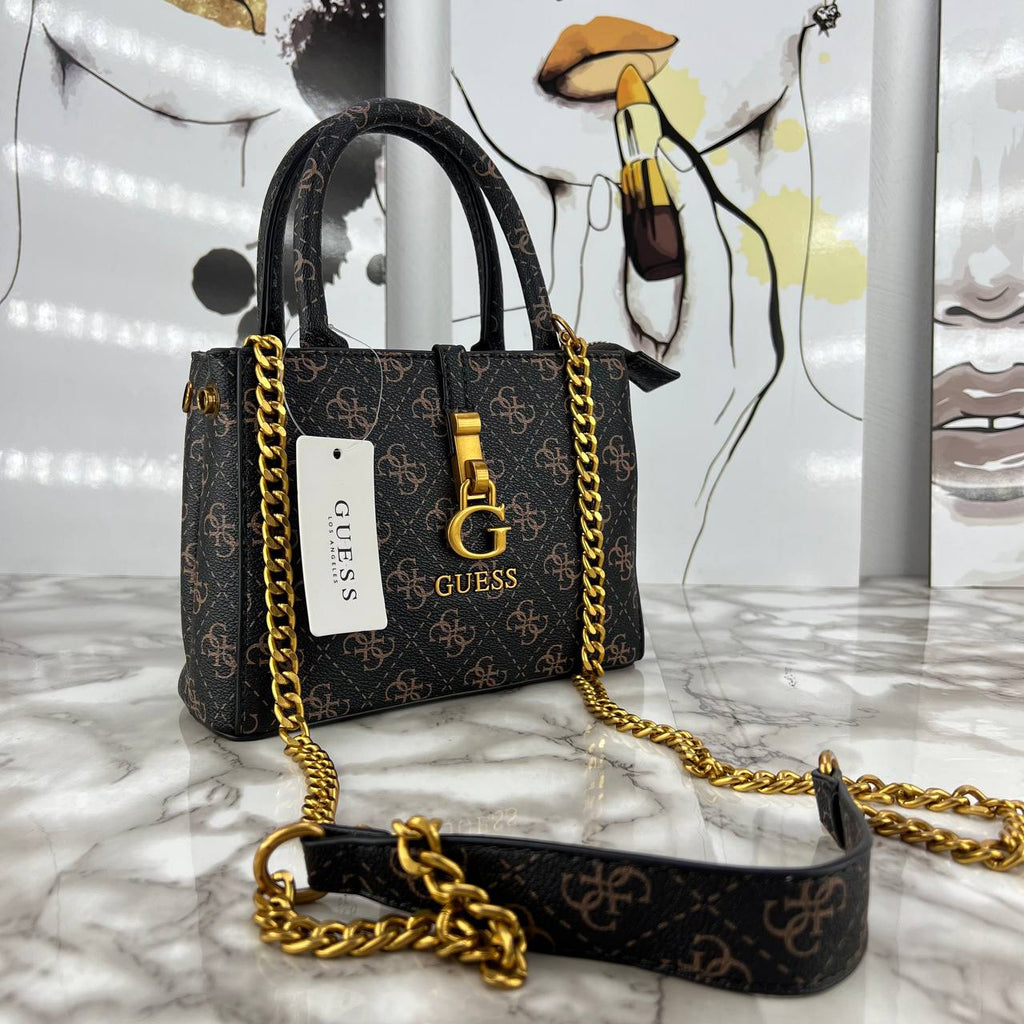 Guess Monogram Print Mini Satchel with Gold Chain Strap 👜✨🖤