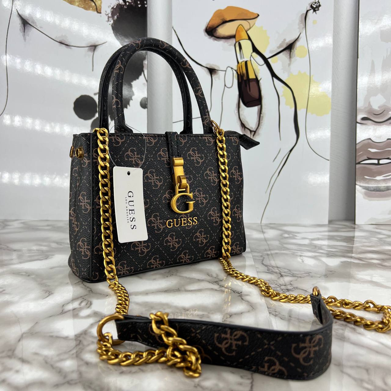 Guess Monogram Print Mini Satchel with Gold Chain Strap 👜✨🖤