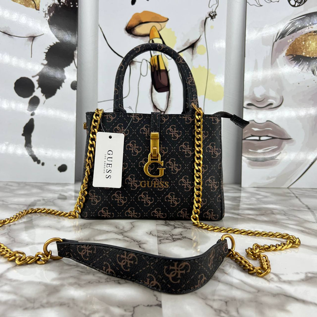 Guess Monogram Print Mini Satchel with Gold Chain Strap 👜✨🖤
