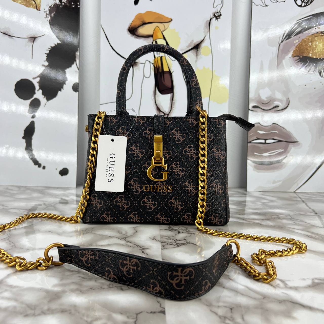 Guess Monogram Print Mini Satchel with Gold Chain Strap 👜✨🖤