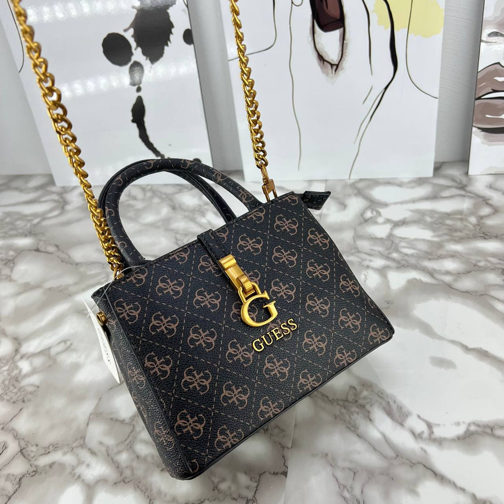 Guess Monogram Print Mini Satchel with Gold Chain Strap 👜✨🖤