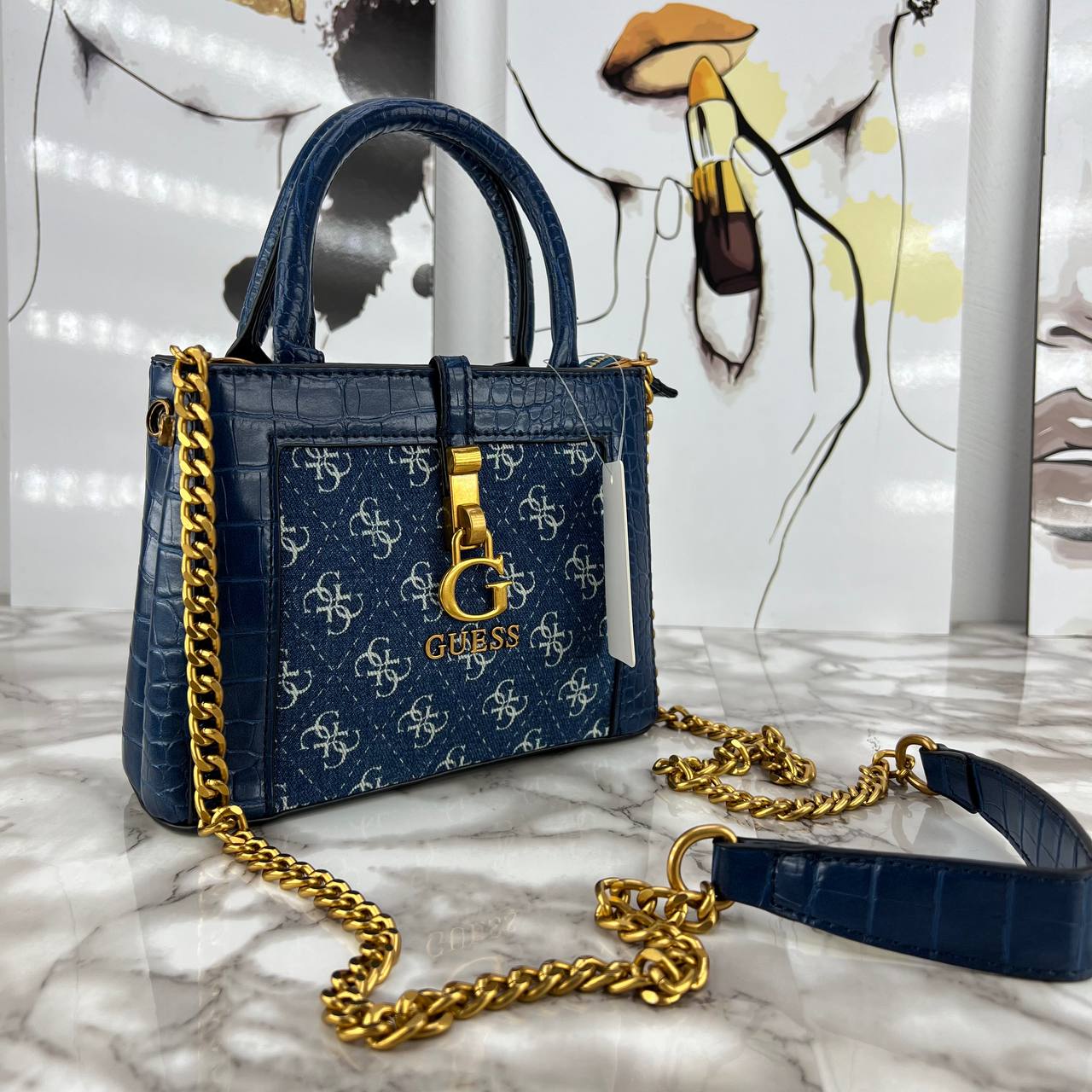 Guess Monogram Print Mini Satchel with Gold Chain Strap 👜✨🖤