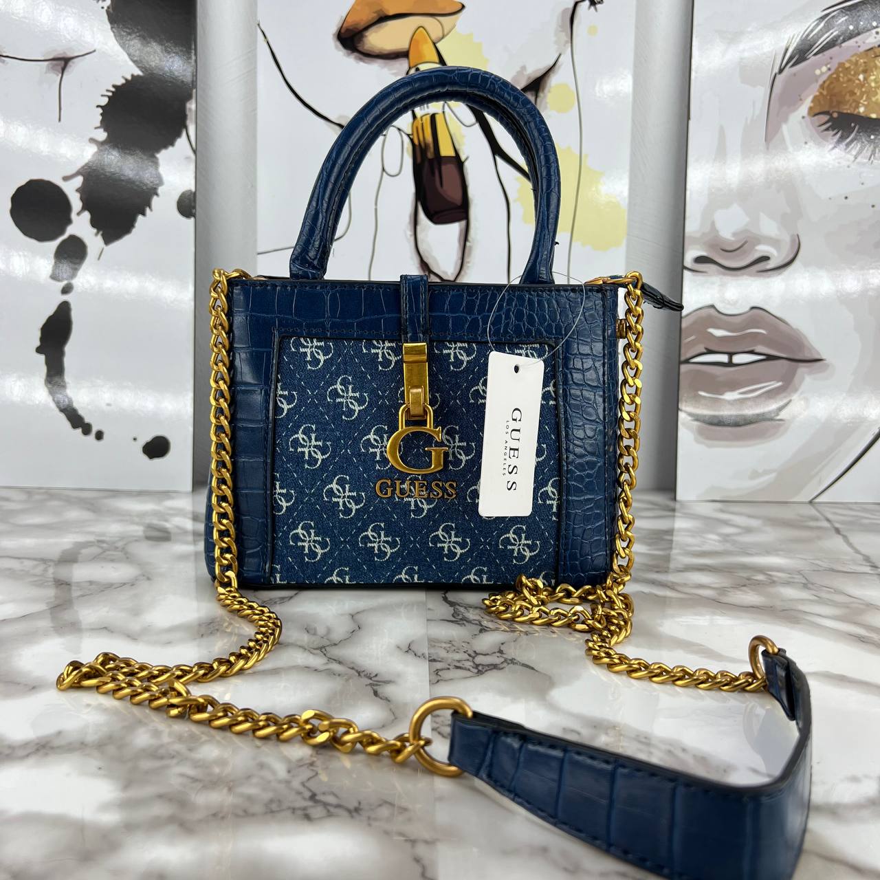 Guess Monogram Print Mini Satchel with Gold Chain Strap 👜✨🖤