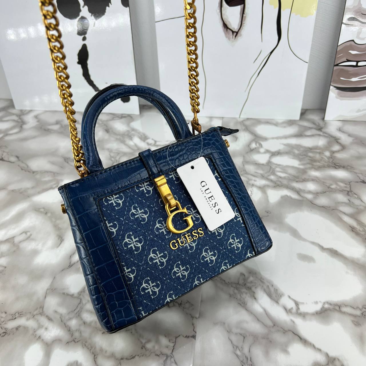 Guess Monogram Print Mini Satchel with Gold Chain Strap 👜✨🖤