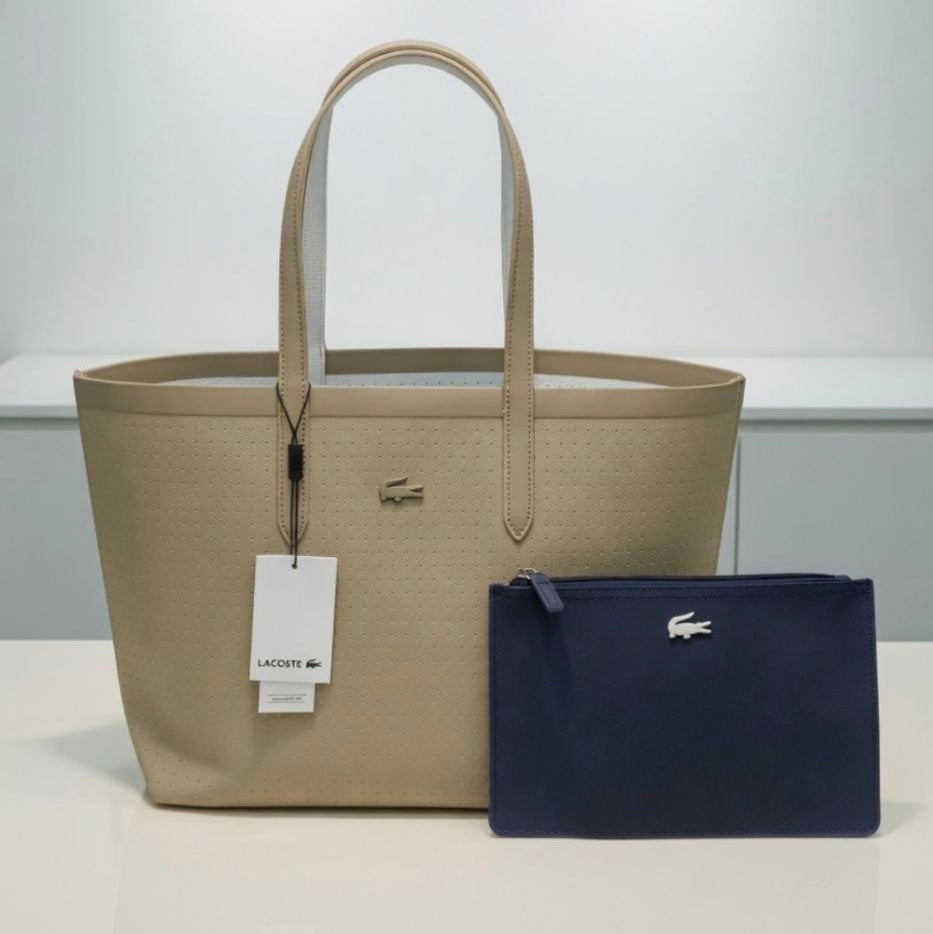 Lacoste Double Face Leather Bag 👜 Beige, White, BLack