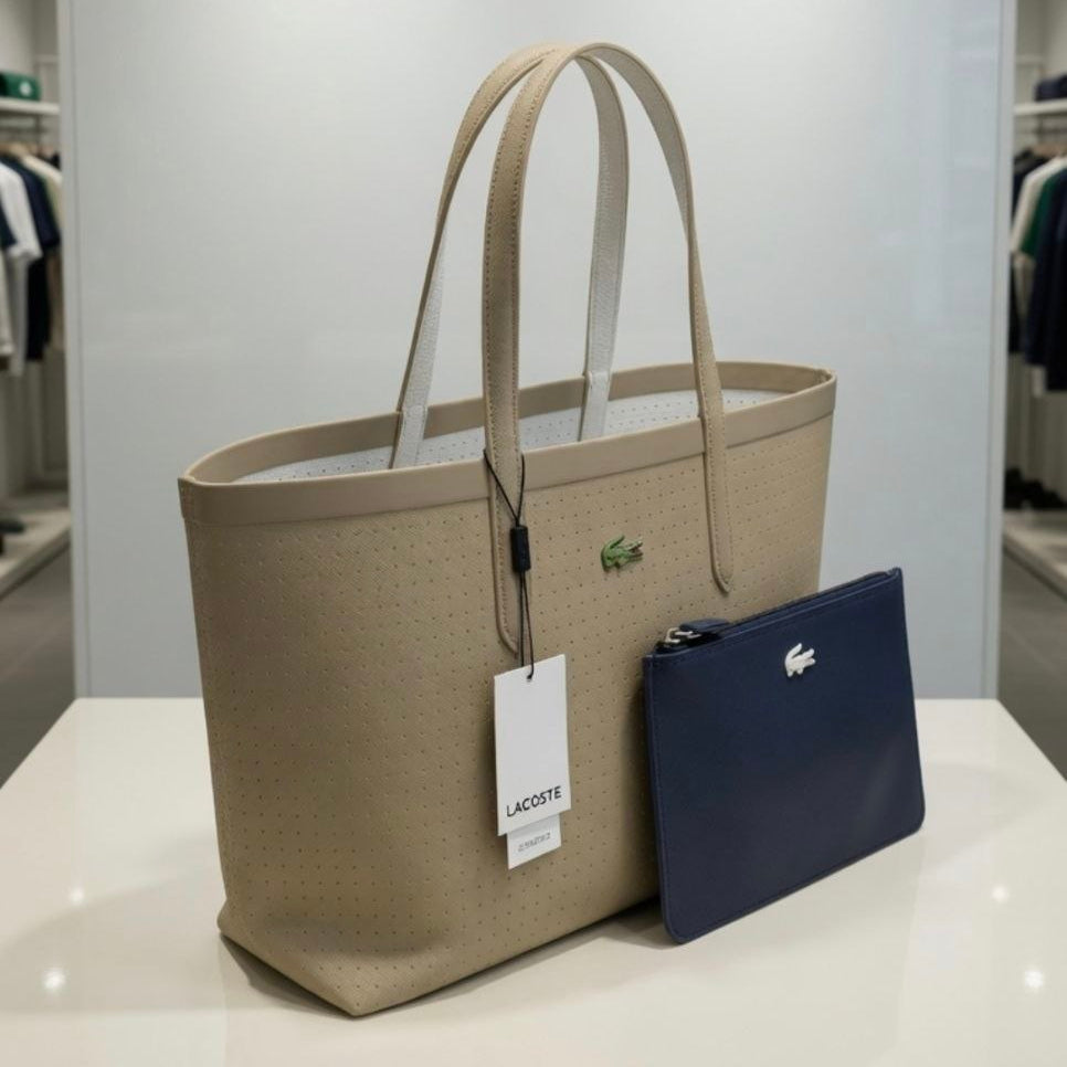 Lacoste Double Face Leather Bag 👜 Beige, White, BLack