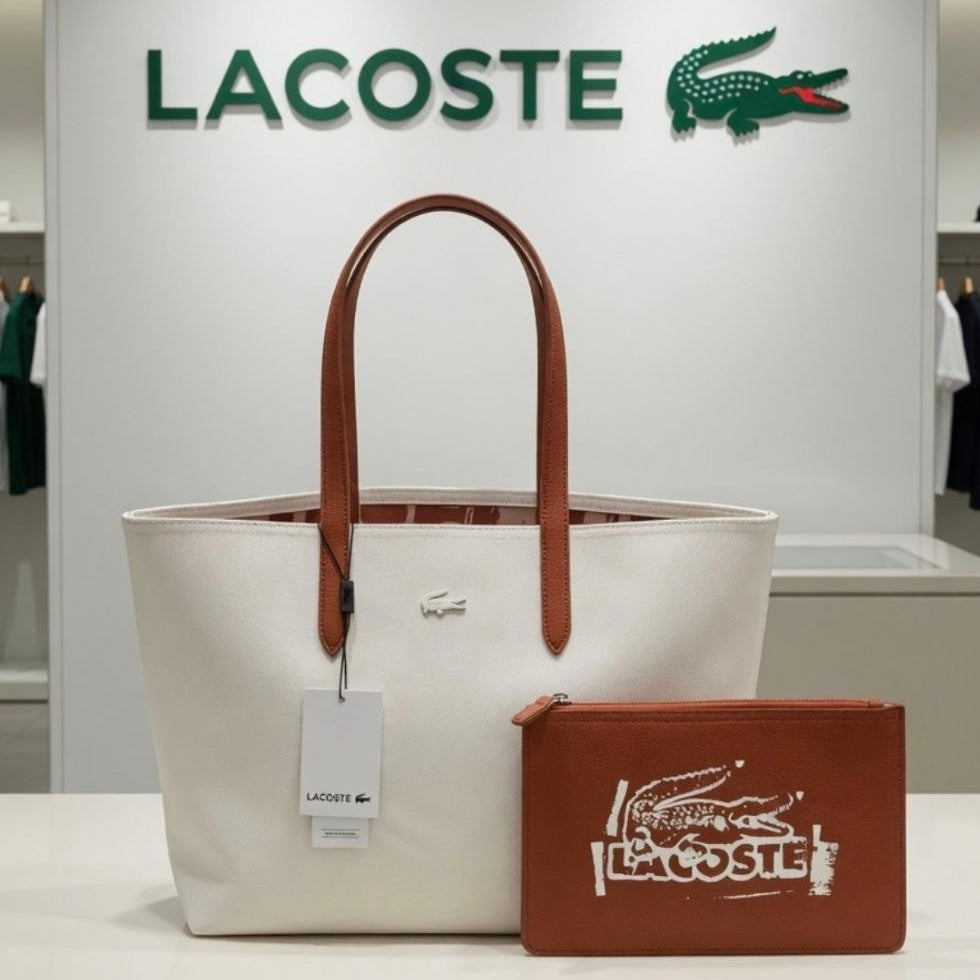 Lacoste Double Face Leather Bag 👜 Beige, White, BLack