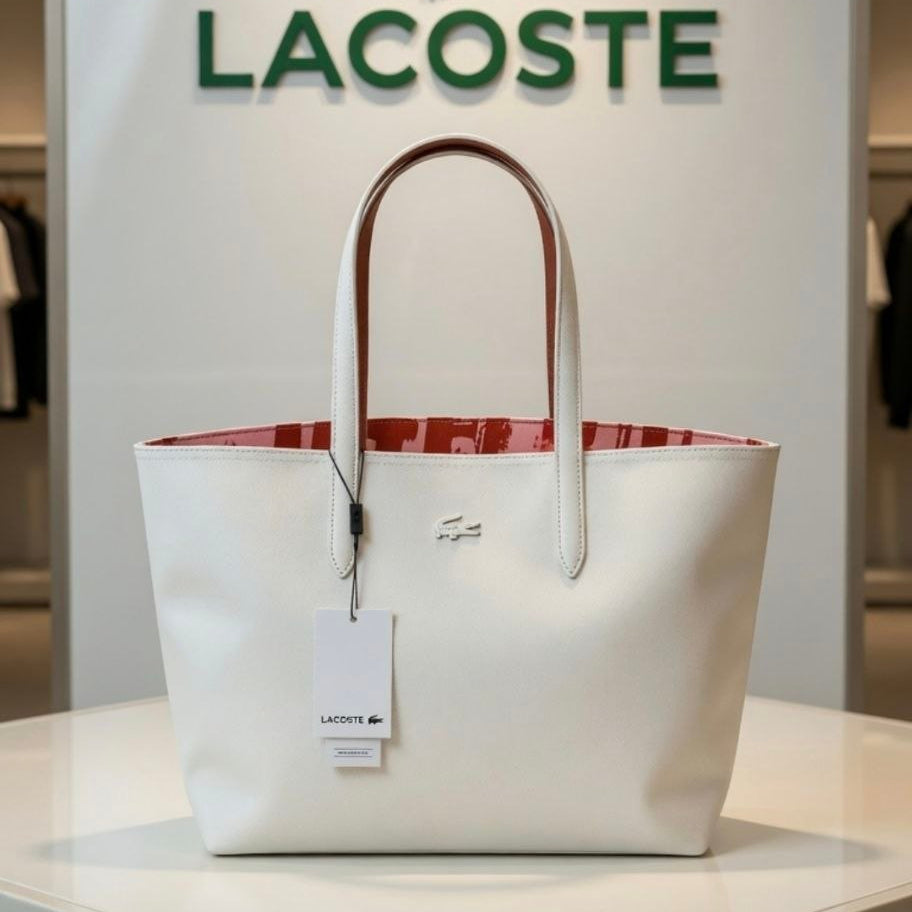 Lacoste Double Face Leather Bag 👜 Beige, White, BLack