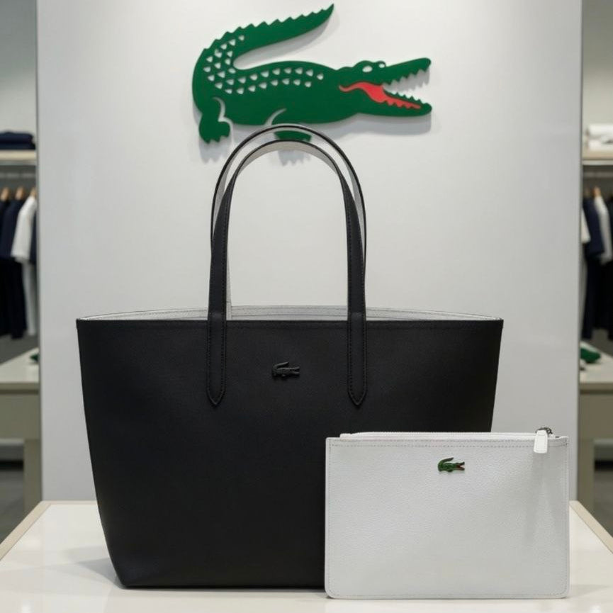 Lacoste Double Face Leather Bag 👜 Beige, White, BLack