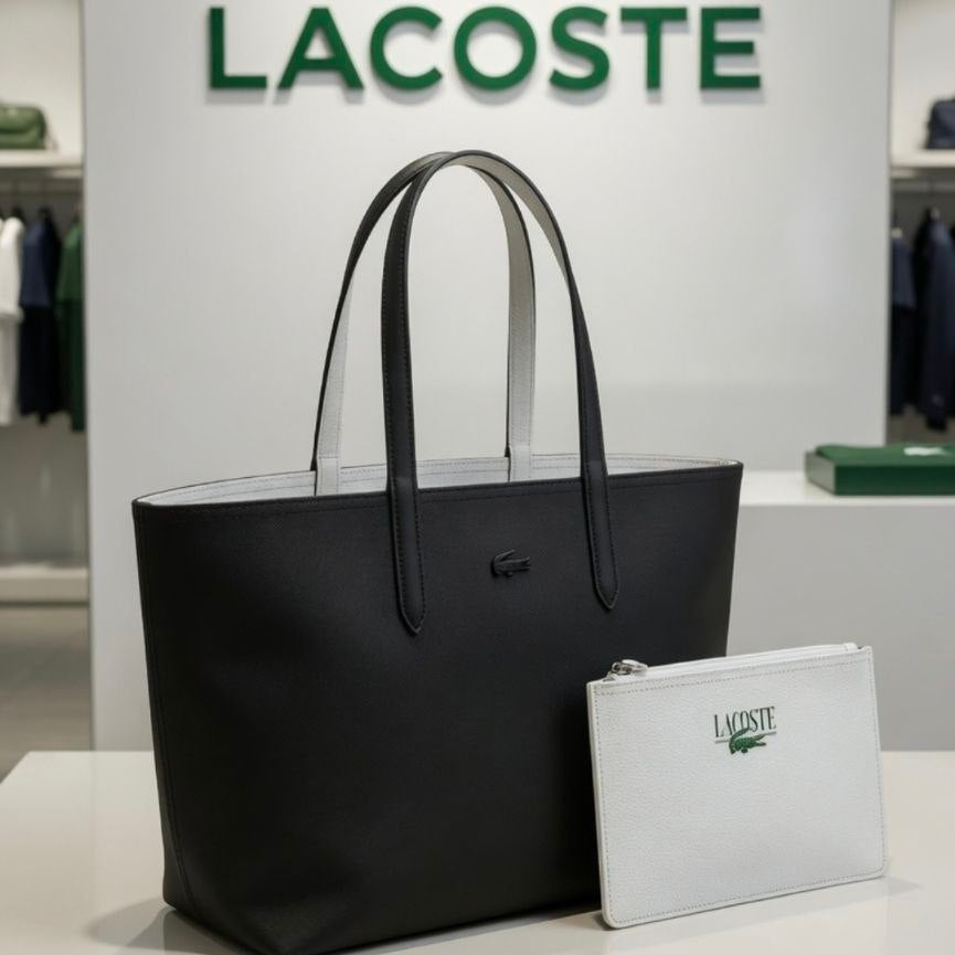 Lacoste Double Face Leather Bag 👜 Beige, White, BLack