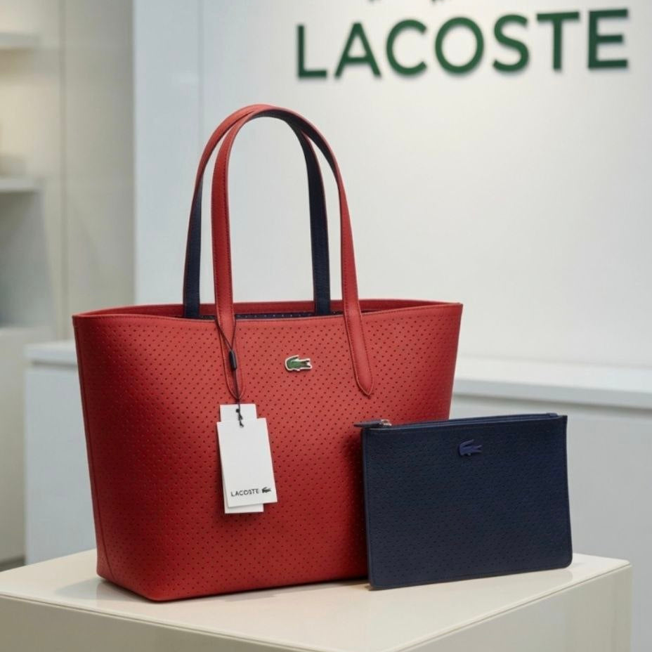 Lacoste Double Face Leather Bag 👜 Beige, White, BLack