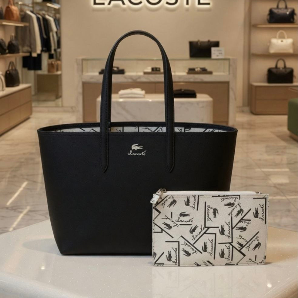 Lacoste Double Face Leather Bag 👜 Beige, White, BLack