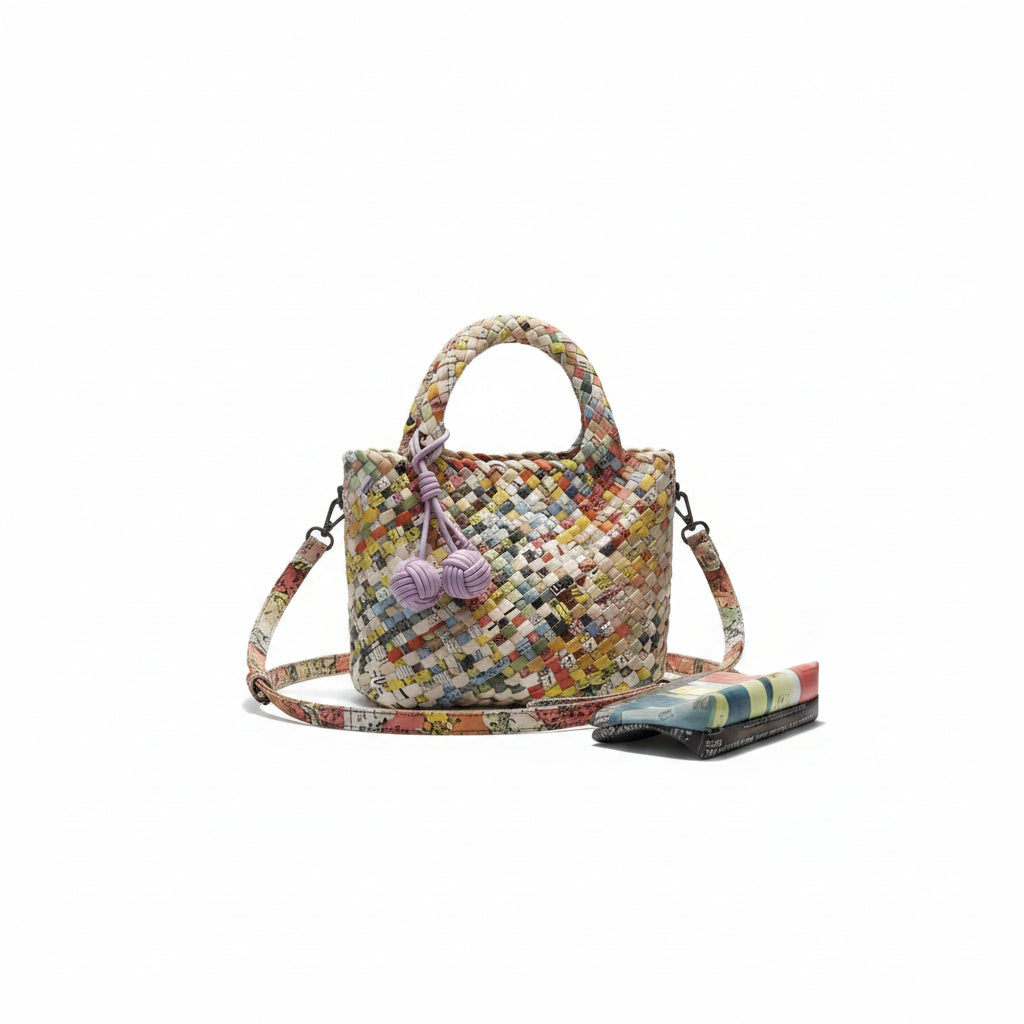 Multicolor Woven Bottega Style Handbag with Charm Detail 👜✨