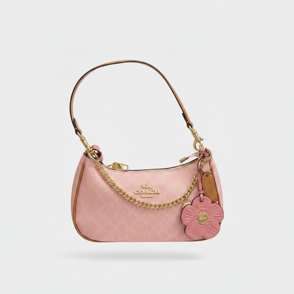 Coach Pink Shoulder Bag with Floral Charm and Gold Hardware 🌸👜
