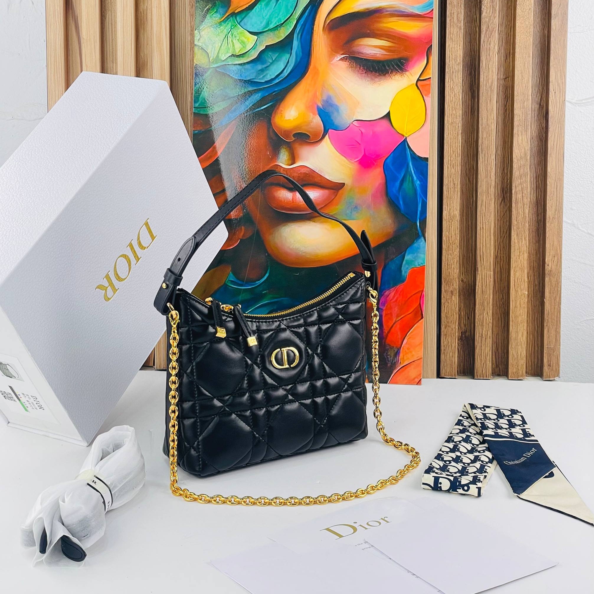 Dior Quilted Shoulder Bag with Gold Chain and Scarf Accessory ✨👜