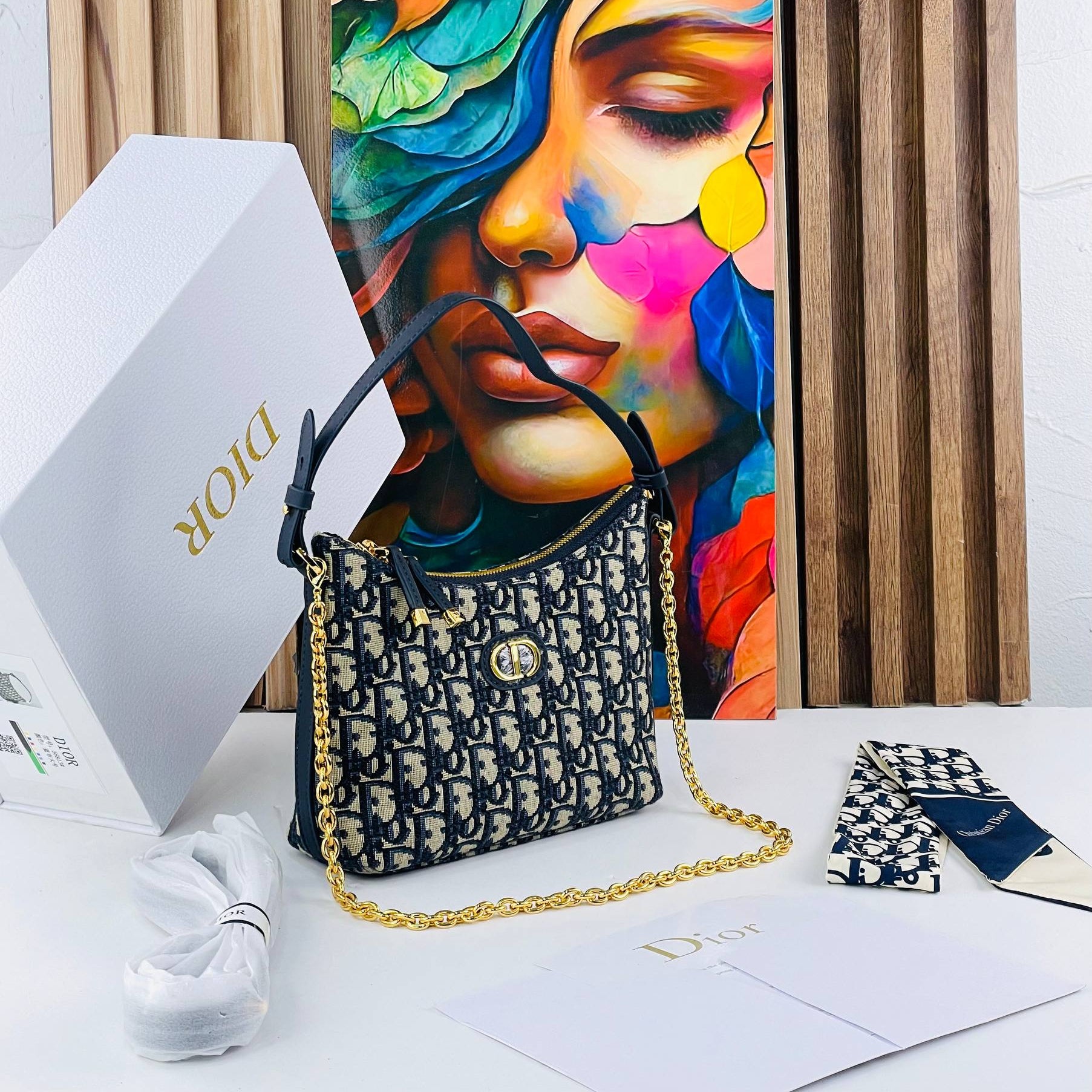 Dior Quilted Shoulder Bag with Gold Chain and Scarf Accessory ✨👜