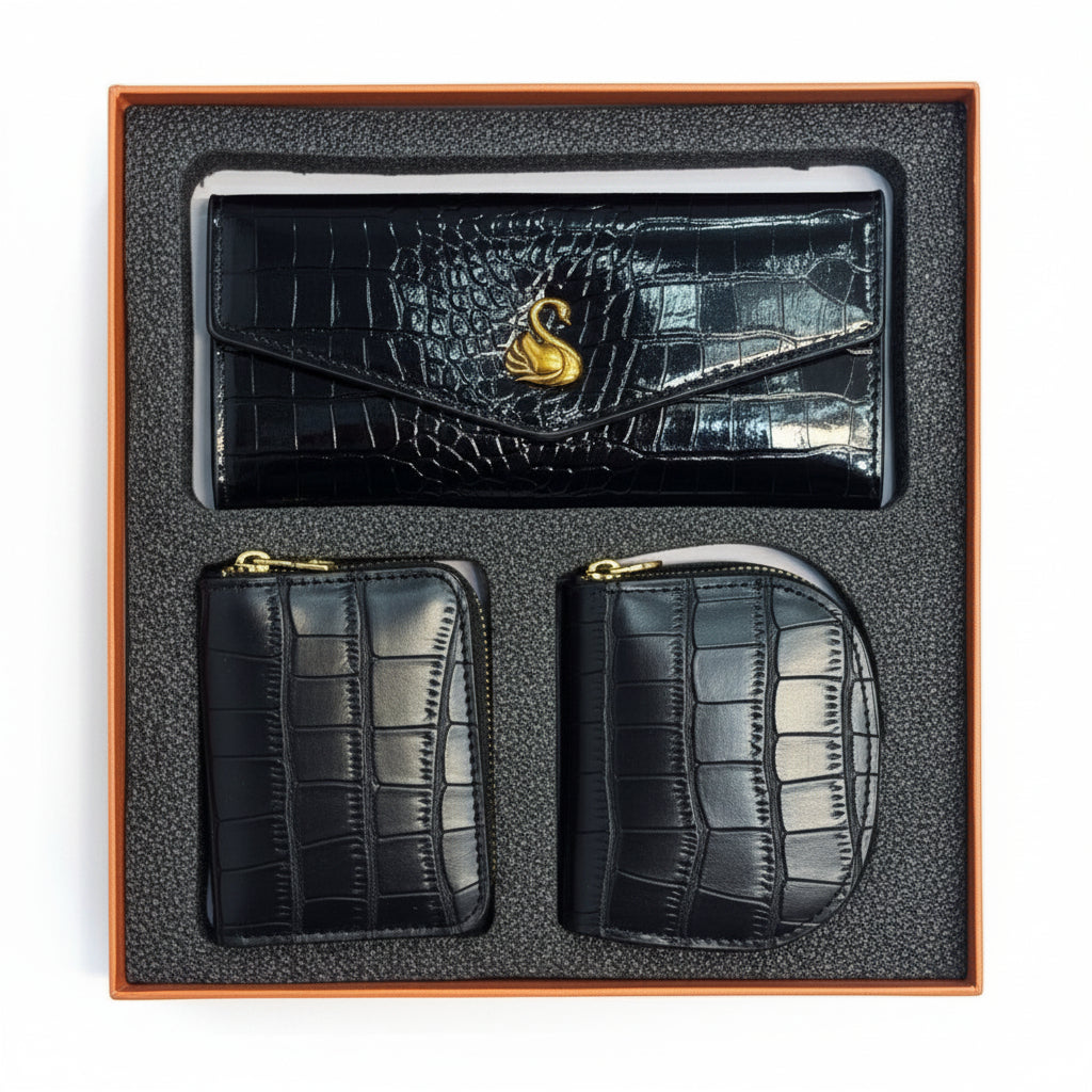 Swan Emblem Crocodile Texture Wallet Set 🦢✨