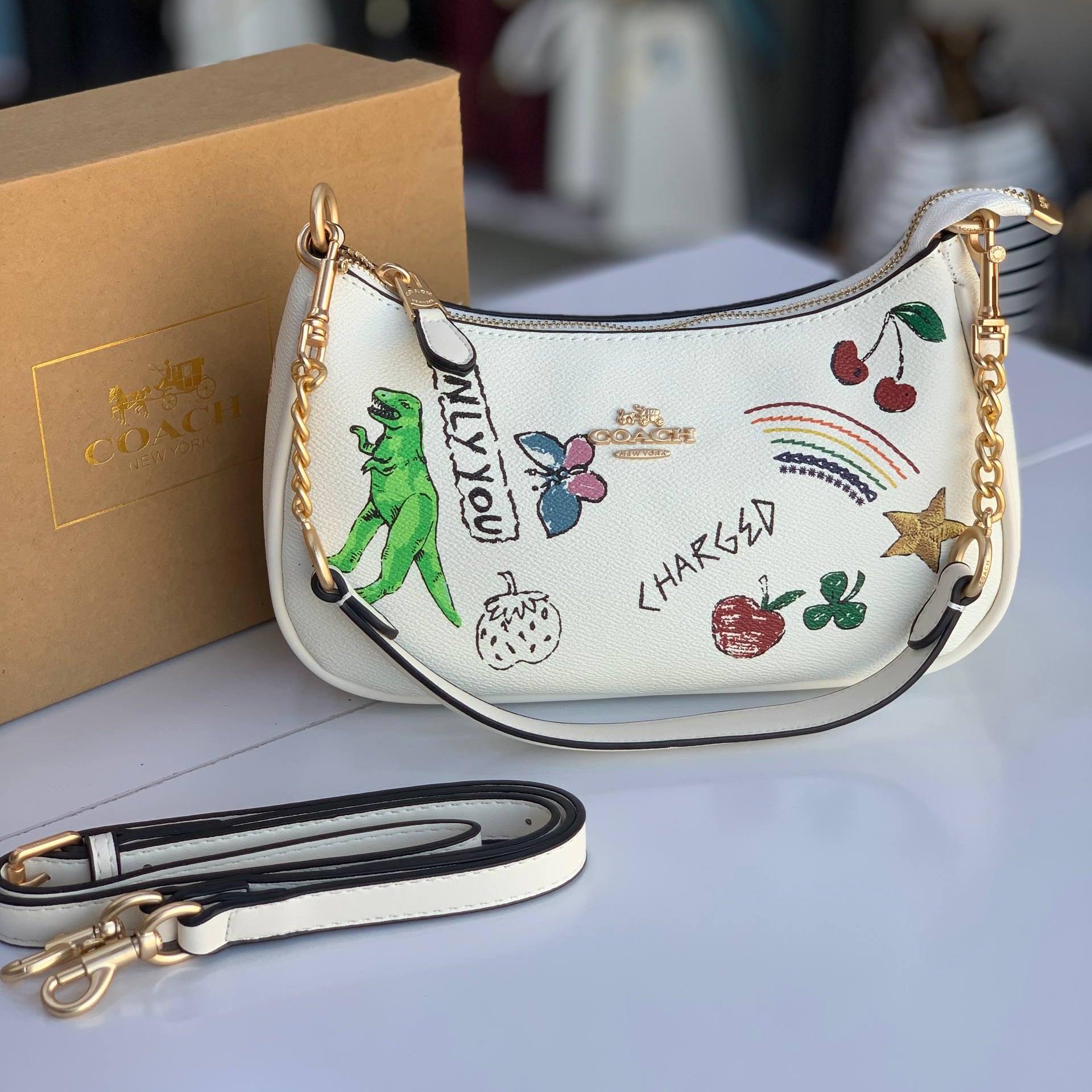 Coach Printed Shoulder Bag with Playful Graphic Motifs 🦖🦋🌈