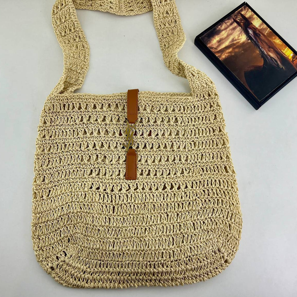 YSL Woven Straw Tote Bag with Leather Detail