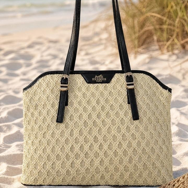 Hermes Woven Straw Beach Tote with Leather Buckle Trim
