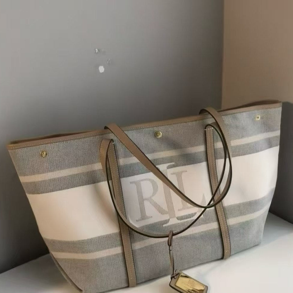 Ralph Lauren Signature Striped Canvas and Leather Tote Bag