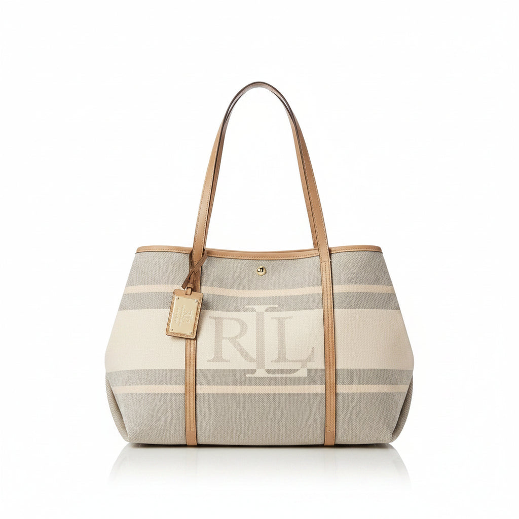 Ralph Lauren Signature Striped Canvas and Leather Tote Bag
