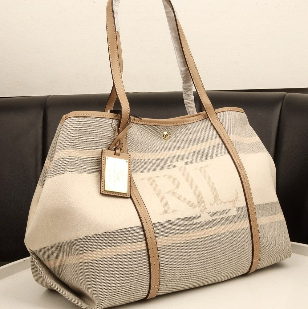 Ralph Lauren Signature Striped Canvas and Leather Tote Bag