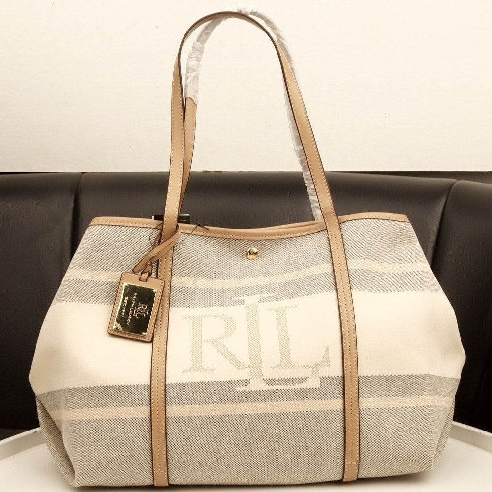 Ralph Lauren Signature Striped Canvas and Leather Tote Bag