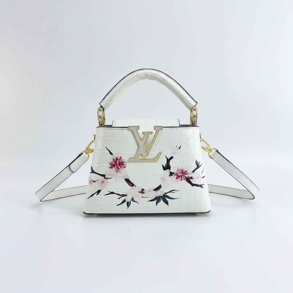 L&V Floral Embossed White Handbag with Gold Hardware