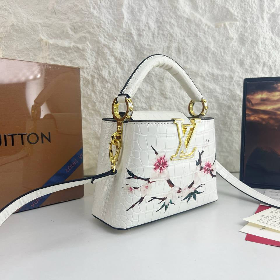 L&V Floral Embossed White Handbag with Gold Hardware