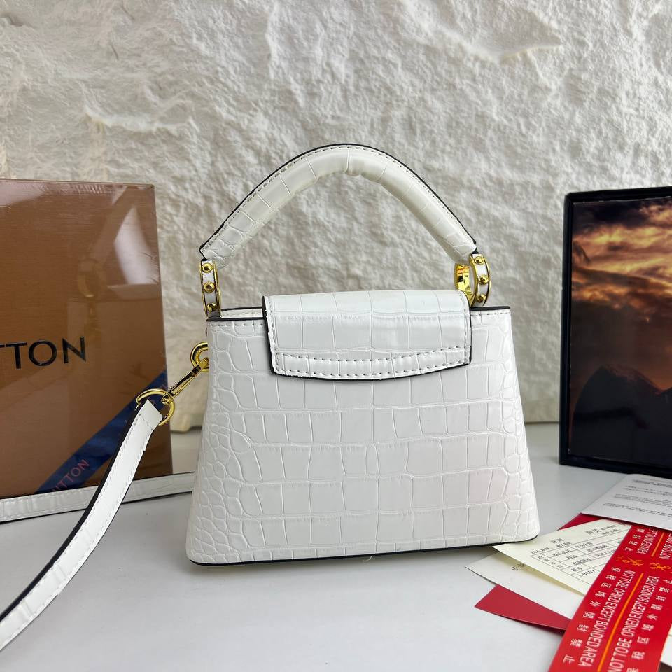 L&V Floral Embossed White Handbag with Gold Hardware