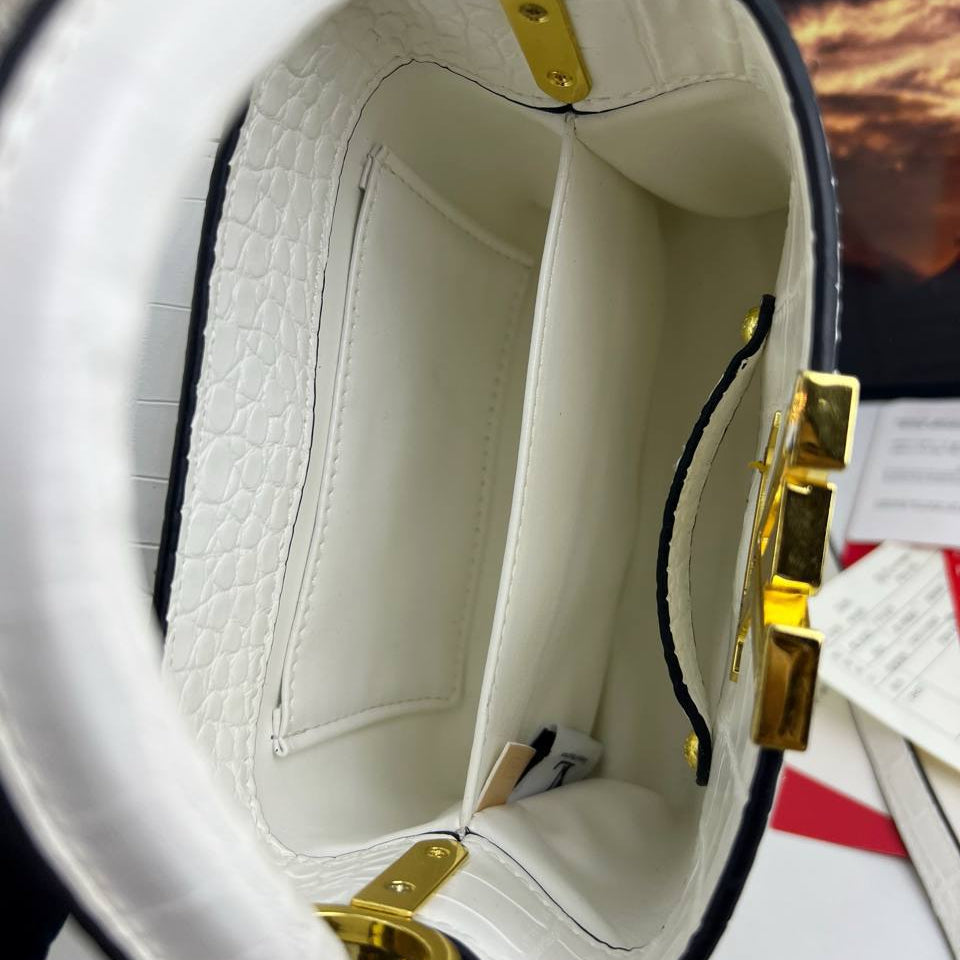 L&V Floral Embossed White Handbag with Gold Hardware