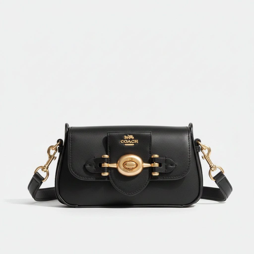 Coach Black Leather Crossbody with Signature Gold Tone Hardware
