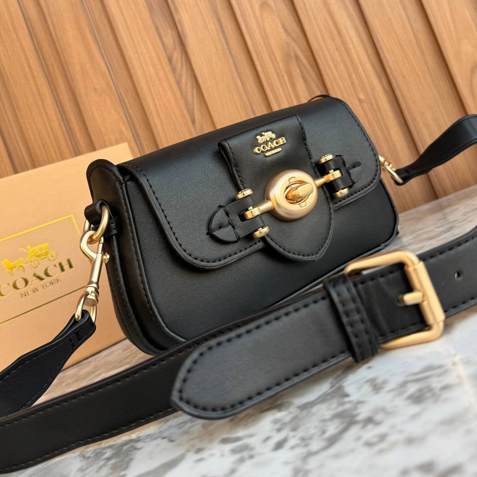 Coach Black Leather Crossbody with Signature Gold Tone Hardware