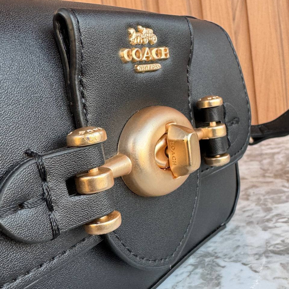 Coach Black Leather Crossbody with Signature Gold Tone Hardware