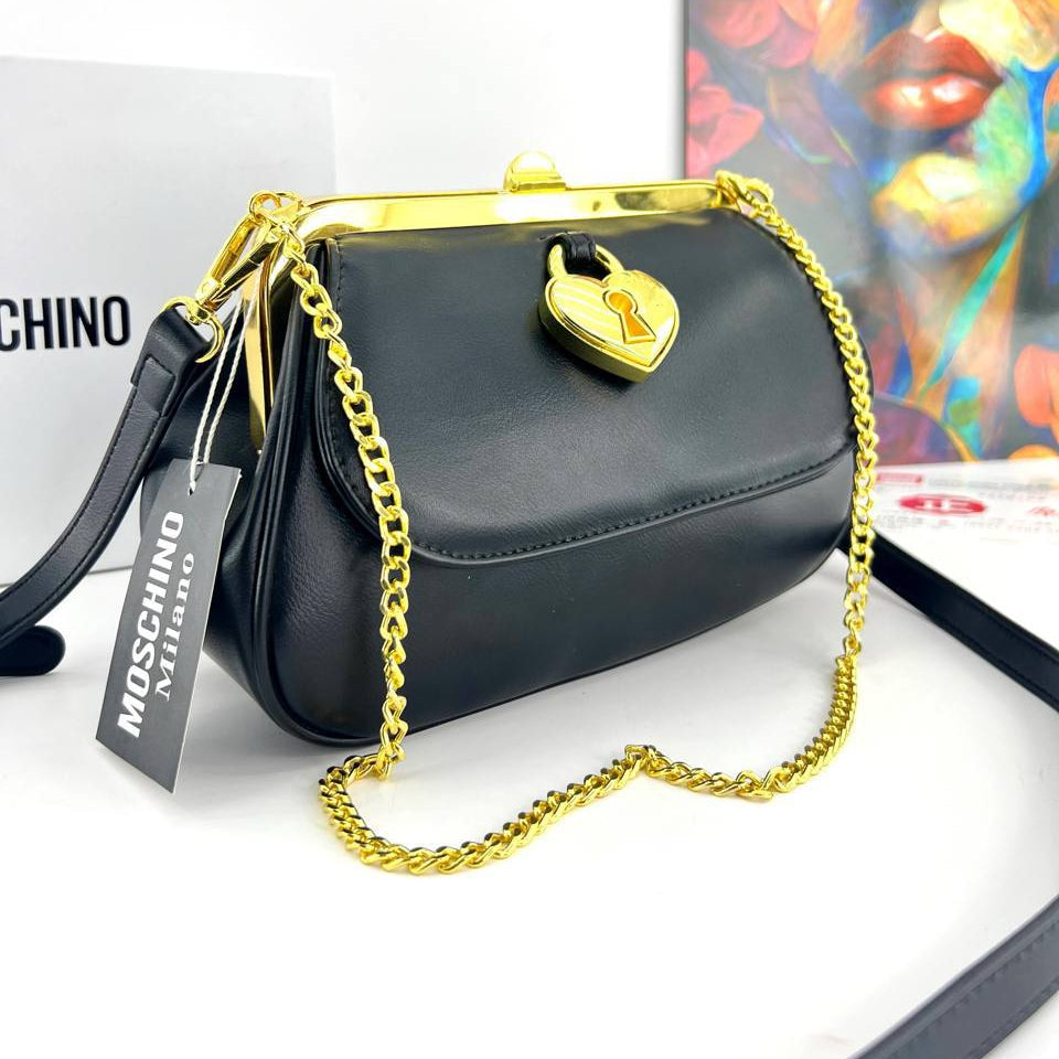 Moschino Heart Lock Chain Handbag with Gold Tone Hardware